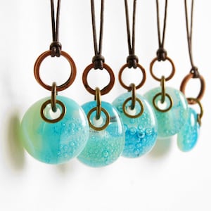 Glass drop necklaces with mixed metal copper and brass rings, one of a kind assortment of green blue patina kiln fired fused glass pendants image 1