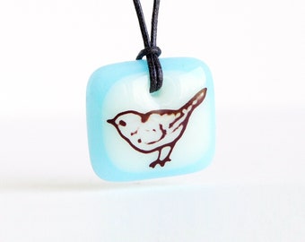 Little Bird Necklace, fused glass pendant necklace, songbird jewelry, ice blue, light olive green boho song bird necklace, petite oiseau