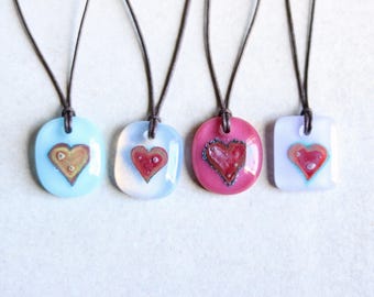 Copper heart pendant necklace in kiln-fired fused glass w/ mixed aquamarine patina bubbles on chain, cotton neck cord, friend wife gf gift
