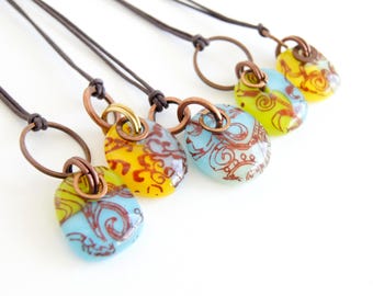Glass drop necklaces with mixed metal copper with brass rings, sepia filigree, one-of-a-kind boho jewelry, warm colors fused glass pendants