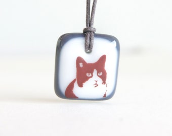 Tuxedo Cat Necklace, black and white cat handmade jewelry, whimsical friend gift, quirky everyday glass pendant necklace for cat lovers