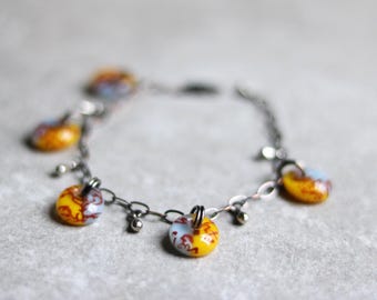 Sunny yellow pale blue fused glass charm bracelet, sepia bohemian filigree design, organic funky bracelet, statement jewelry gifts for mom