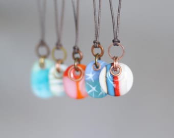 Glass drop necklaces with mixed metal copper with brass rings multicolor recycled  glass, one of a kind boho jewelry,  fused glass pendants