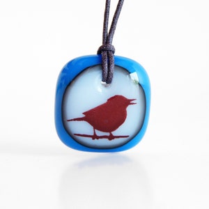 Singing Bird Necklace, sparrow jewelry, songbird fused glass pendant necklace, boho ornithology friendship necklace, mom bird watcher gift Milk / Royal Blue