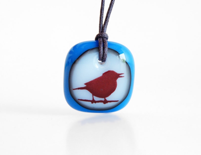 Singing Bird Necklace, sparrow jewelry, songbird fused glass pendant necklace, boho ornithology friendship necklace, mom bird watcher gift Milk / Royal Blue