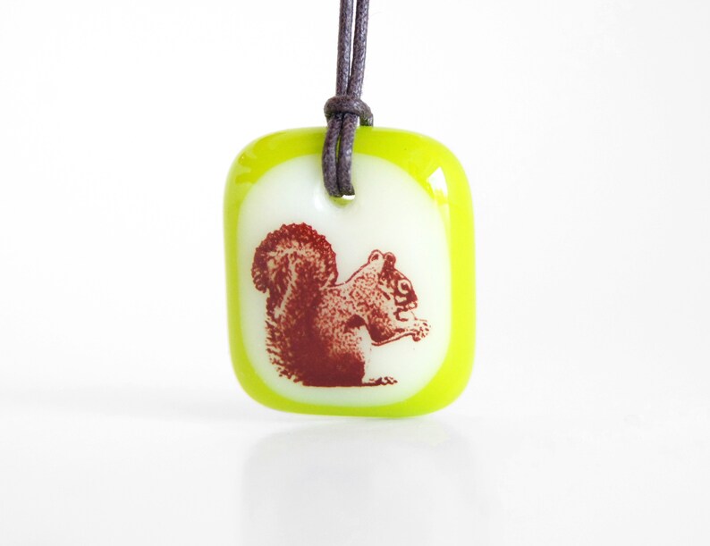 Squirrel Necklace, cute animal autumn jewelry, fused glass squirrel charm, park forest acorn eater squirrel jewelry, handmade squirrel gifts image 3