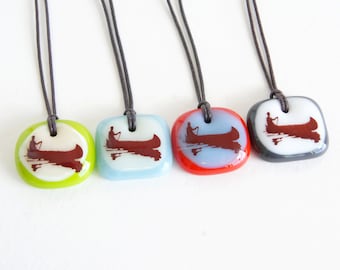 Canoe Necklaces, camping cottage canoeing outdoors lovers handmade gifts, one of a kind individually made boho fused glass pendant necklaces