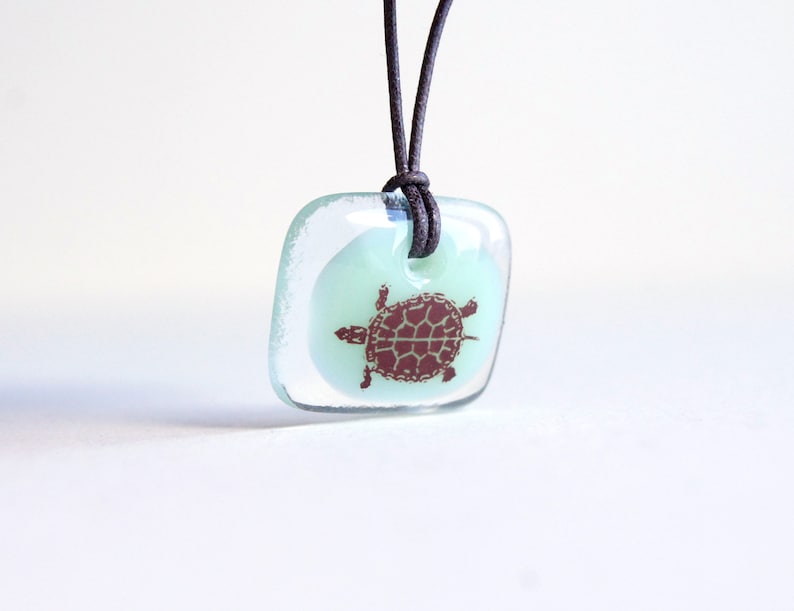 Turtle Necklace, cute tortoise jewelry, spirit animal necklace, handmade fused glass pendant necklace, sea turtle lover gift, nature jewelry image 1