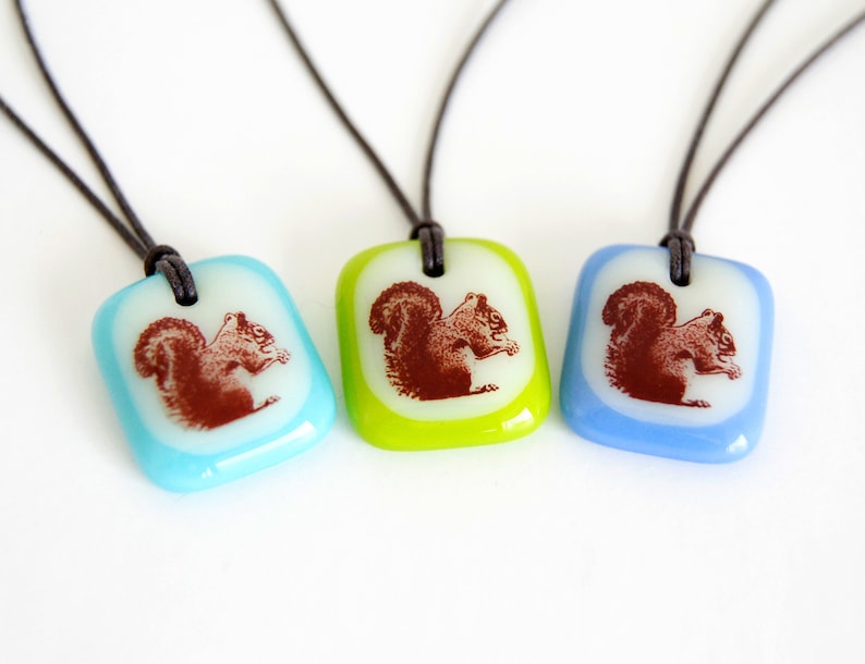 Squirrel Necklace, cute animal autumn jewelry, fused glass squirrel charm, park forest acorn eater squirrel jewelry, handmade squirrel gifts image 1