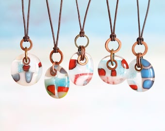 Glass drop necklaces with mixed metal copper with brass rings multicolor recycled  glass, one of a kind boho jewelry,  fused glass pendants