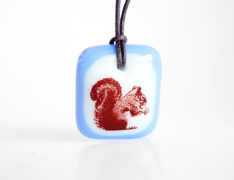 Squirrel Necklace, cute animal autumn jewelry, fused glass squirrel charm, park forest acorn eater squirrel jewelry, handmade squirrel gifts image 5