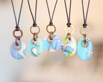 Glass drop necklaces with mixed metal copper with brass rings lavender aqua blue recycled  one of a kind boho jewelry,  fused glass pendants