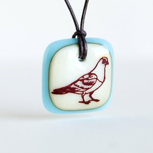Pigeon Necklace, Fun Bird Jewelry, bird lover gift, colorful dove, city bird pendant, pigeon lover jewellery, urban metro square bird gift image 1
