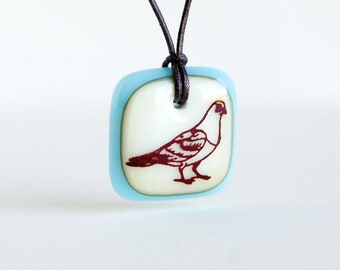 Pigeon Necklace, Fun Bird Jewelry, bird lover gift, colorful dove, city bird pendant, pigeon lover jewellery, urban metro square bird gift