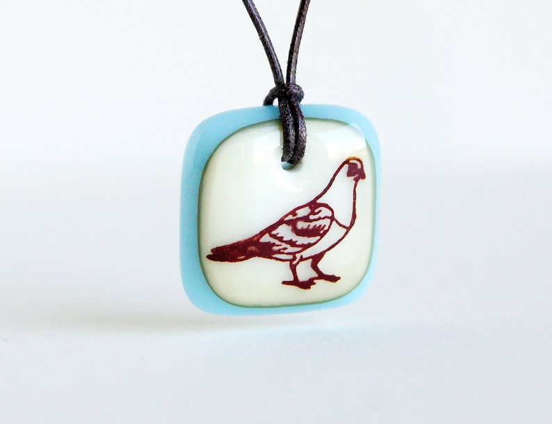 Pigeon Necklace, Fun Bird Jewelry, bird lover gift, colorful dove, city bird pendant, pigeon lover jewellery, urban metro square bird gift image 1