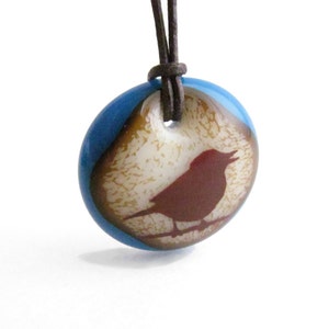 Singing Bird Necklace, sparrow jewelry, songbird fused glass pendant necklace, boho ornithology friendship necklace, mom bird watcher gift Caramel / Royal Blue