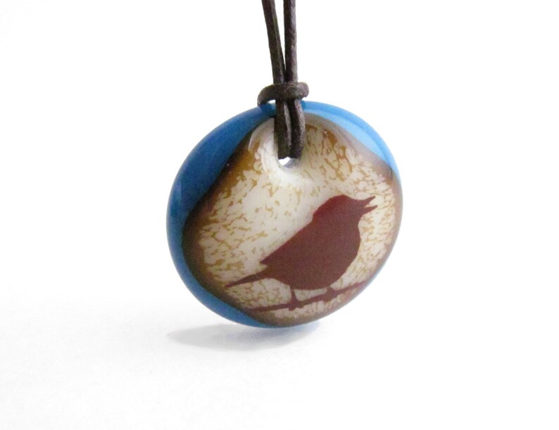 Singing Bird Necklace, sparrow jewelry, songbird fused glass pendant necklace, boho ornithology friendship necklace, mom bird watcher gift Caramel / Royal Blue