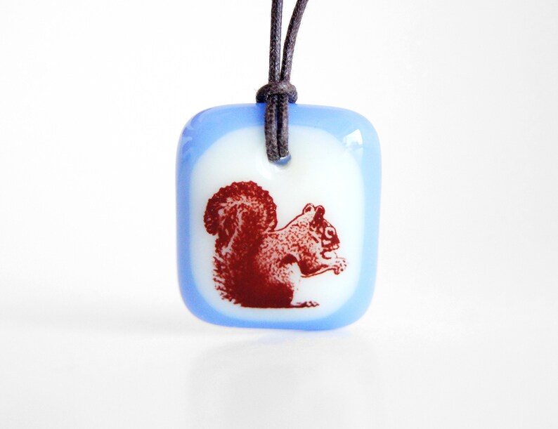 Squirrel Necklace, cute animal autumn jewelry, fused glass squirrel charm, park forest acorn eater squirrel jewelry, handmade squirrel gifts image 4