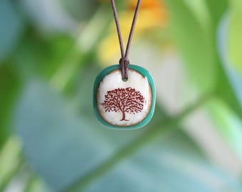 Apple Tree Necklace, Nature Lover Gift in Vintage Style Green and Aqua Glass - Minimal Botanical Fused Art Glass Pendant