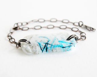 Bracelet, organic design, adjustable chain plus size to petite, icy blue fused glass art, OOAK kiln formed aquamarine glass bohemian jewelry