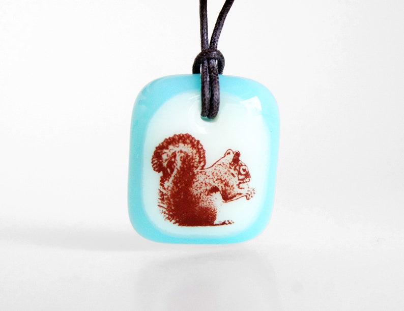 Squirrel Necklace, cute animal autumn jewelry, fused glass squirrel charm, park forest acorn eater squirrel jewelry, handmade squirrel gifts image 2