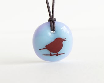 Singing Bird Necklace, sparrow jewelry, songbird fused glass pendant necklace, boho ornithology friendship necklace, mom bird watcher gift