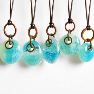 Glass drop necklaces with mixed metal copper and brass rings, one of a kind assortment of green blue patina kiln fired fused glass pendants image 3