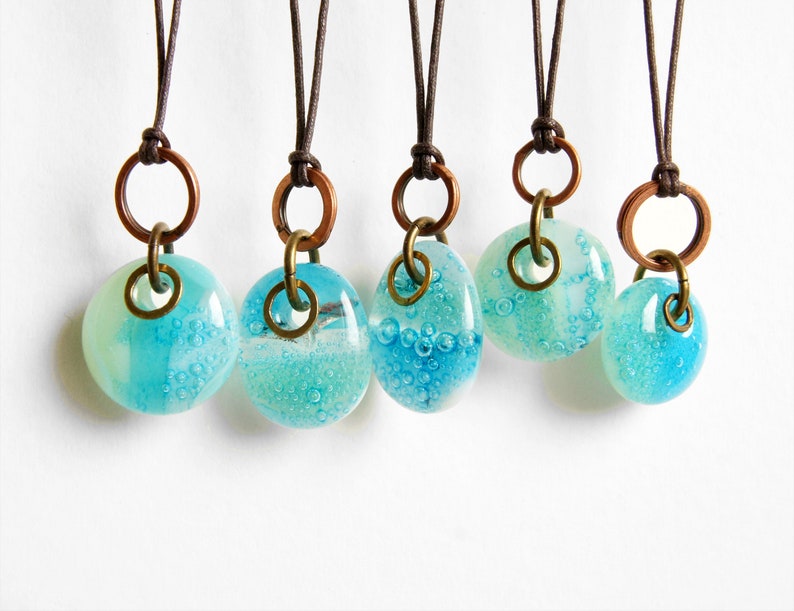 Glass drop necklaces with mixed metal copper and brass rings, one of a kind assortment of green blue patina kiln fired fused glass pendants image 3