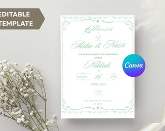 Sage green minimalist Islamic Wedding Invitation: Arabic Calligraphy Canva Template (5x7 Digital Download)
