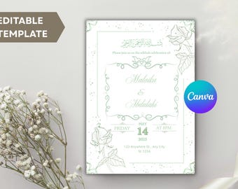 Floral Islamic Nikkah Invitation Template, Editable Muslim Wedding Invite (Canva Template)