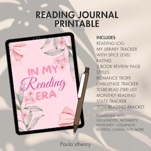 Puede incluir: Un diario de lectura digital imprimible en una tableta, con el texto "In My Reading Era" y detalles florales. Incluye registro de lectura, seguimiento de biblioteca y más. Un lápiz óptico marrón.