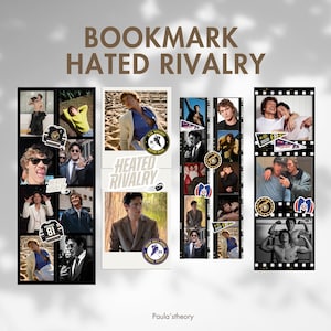 Puede incluir: Marcadores con imágenes de una persona, con el texto "BOOKMARK HATED RIVALRY". Los marcadores tienen una variedad de imágenes, incluyendo fotos y gráficos. La combinación de colores incluye marrón, blanco y negro.