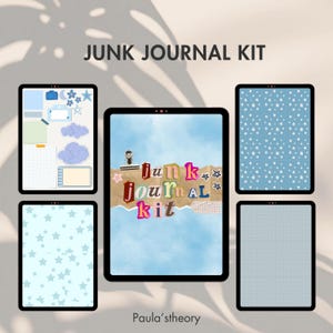 Puede incluir: Un kit de diario creativo digital mostrado en cinco pantallas de tableta. La pantalla central presenta el texto JUNK JOURNAL KIT en letras recortadas de colores sobre un fondo azul. Otras pantallas muestran patrones de estrellas azules.
