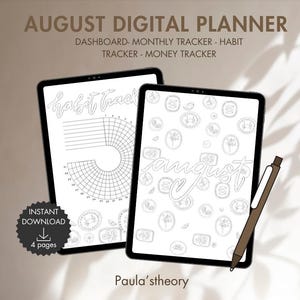 Puede incluir: Dos tabletas digitales que muestran un planificador digital con el texto "August Digital Planner". Una tableta muestra un rastreador de hábitos, la otra el mes de agosto. Un bolígrafo marrón descansa a un lado. La imagen también incluye el texto "Instant Download" y "4 páginas".