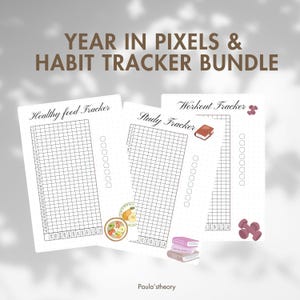Puede incluir: Un paquete de tres rastreadores de hábitos imprimibles. Los rastreadores incluyen un rastreador de alimentos saludables, un rastreador de estudio y un rastreador de ejercicios. Cada rastreador tiene una cuadrícula para el seguimiento diario.