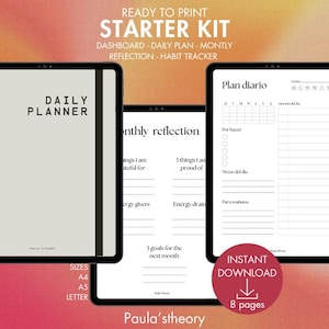 Puede incluir: Un kit de inicio digital con planificador diario, reflexión mensual y seguimiento de hábitos. El kit incluye un panel, plan diario y seguimiento de hábitos. El texto "DAILY PLANNER" es visible. Disponible en tamaños A4, A5 y carta.