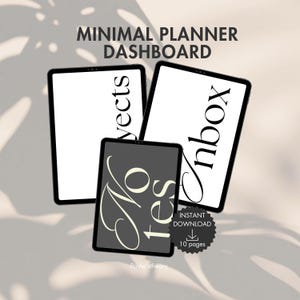 Puede incluir: Diseño minimalista de panel de control de planificador con tres tabletas. Las tabletas muestran las palabras "Proyectos", "Bandeja de entrada" y "Notas". La imagen incluye el texto "Descarga instantánea" y "10 páginas".