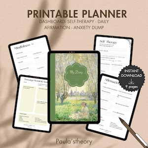 Puede incluir: Un planificador imprimible digital con el texto "PRINTABLE PLANNER" en la parte superior. El planificador incluye secciones para el panel, la autoterapia, el diario, la afirmación y el volcado de ansiedad. La imagen central es un diario con el texto "My Diary".