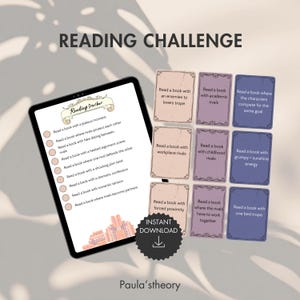 Puede incluir: Un rastreador de lectura digital en una tableta con indicaciones de lectura. Las tarjetas sugieren temas de libros como enemigos a amantes y rivales en el trabajo. Las palabras "Reading Challenge" están en la parte superior, con "Instant Download" y un logotipo en la parte inferior.