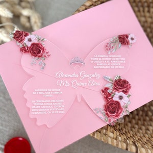 Personalized Butterfly Cut Acrylic Quinceañera Invitations, Sweet 16 Invitation, XV Invitations, Quince Invites, Quinceañera Invitation Pink