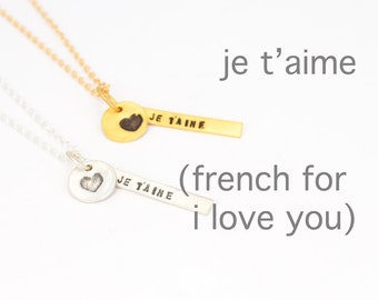 JE T'AIME stick pendant, French 'I love you' necklace, eco-friendly sterling silver. Handcrafted by Chocolate and Steel