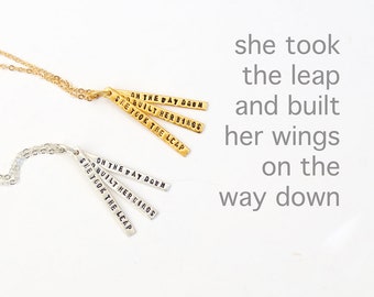 She Took the Leap and Built Her Wings on the Way Down Quote Necklace Inspired Pendant Handcrafted by Chocolate and Steel eco-friendly