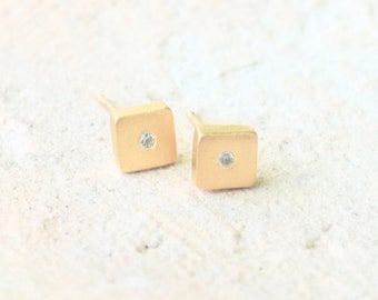 Nova Stud Block, sterling silver earrings, gold earrings, eco-friendly. Handcrafted by Chocolate and Steel