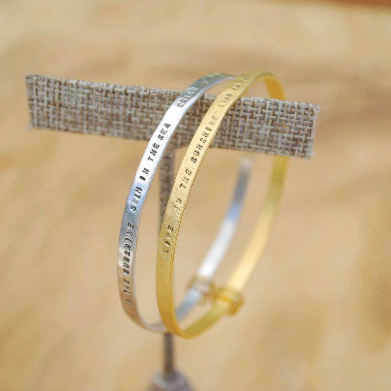 WILD AIR bangle Quote Bracelet Ralph Waldo Emerson Live in the Sunshine Swim the Sea Eco Friendly Bangle Chocolate and Steel 14kt Gold Vermeil