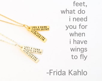 Frida Kahlo quote necklace "Feet, What Do I Need You For When I Have Wings to Fly"  sterling silver 14kt gold vermeil by Chocolate and Steel