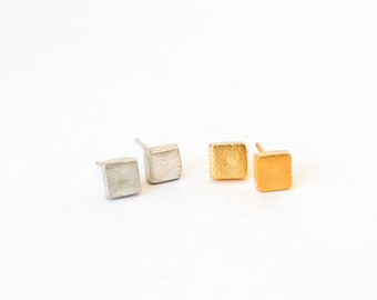 Thick Square Studs, sterling silver earrings, gold earrings, eco-friendly. Handcrafted by Chocolate and Steel