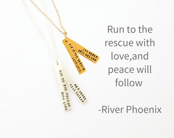River Phoenix "Run to the rescue with love" inspirational necklace, eco-friendly silver and 14kt gold vermeil. By Chocolate and Steel