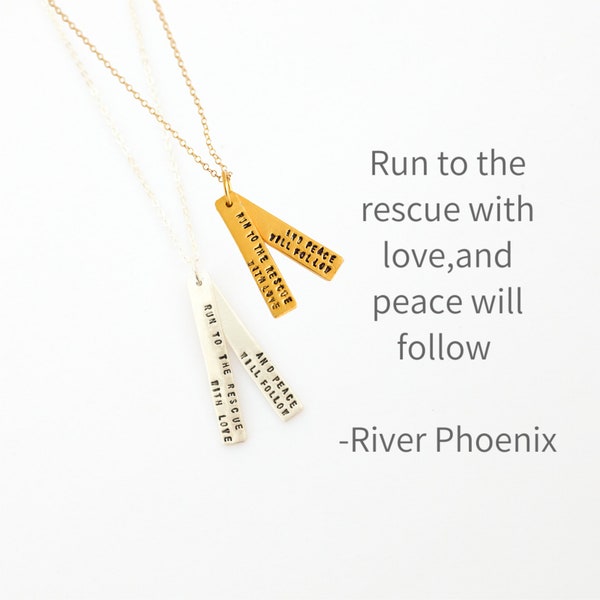 River Phoenix "Run to the rescue with love" inspirational necklace, eco-friendly silver and 14kt gold vermeil. By Chocolate and Steel