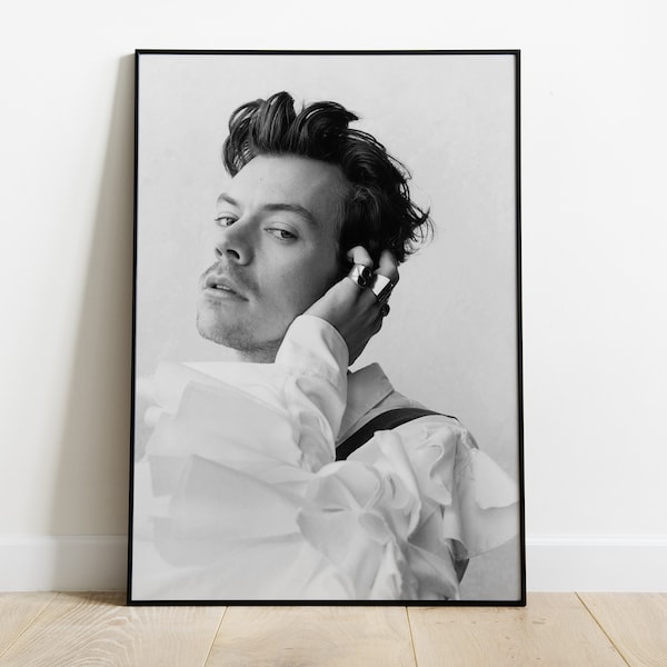 Harry Styles Poster, Schwarzweiß Fotografie, Vintage Druck, Wohnzimmer Dekor, Fine Art, Elegante Wandkunst, Musik Fotokunst, Retro