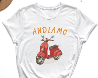 Camisa roja de scooter Andiamo Italia, camisa de viaje de verano, camisa de estilo italiano, camisa de recuerdo de Italia, camisa de vacaciones en Italia, regalo para amantes de Italia, mamá